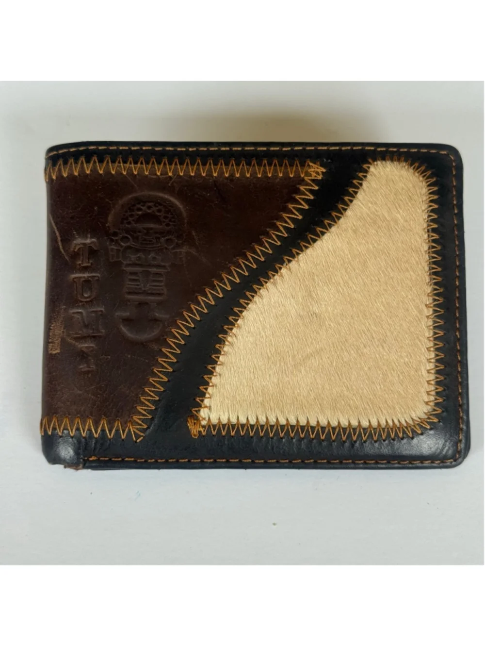 Tumi Leather Hair-On-Hide Bifold Wallet Brown Patchwork Southwestern Coin Zip